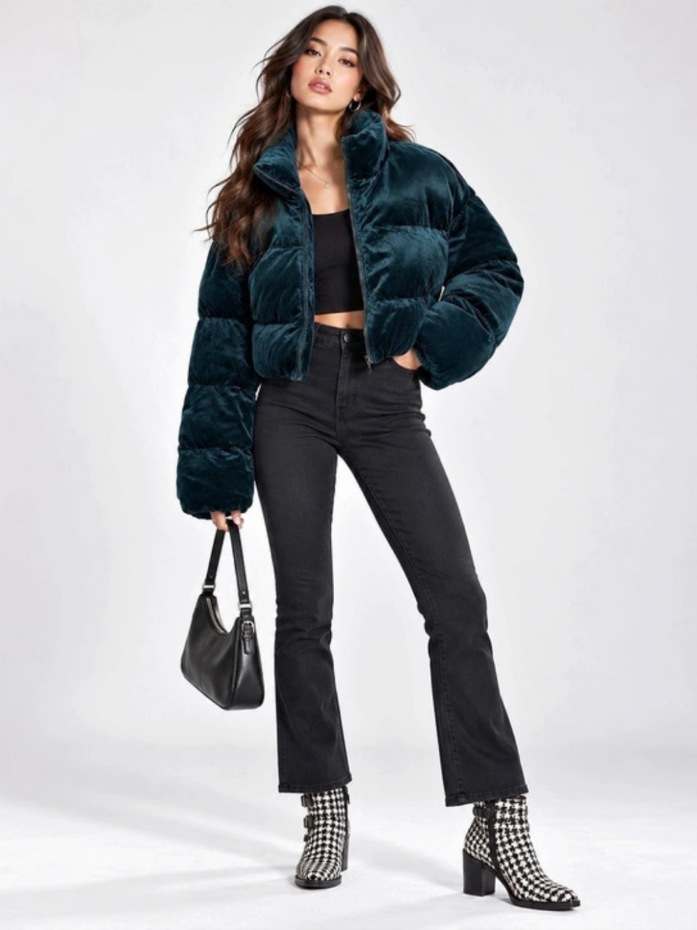 New Emerald Green Velvet Puffer Jacket